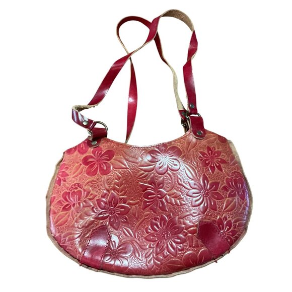 Vtg Red Floral Embossed Leather Shoulder Bag Purse With Long Strap 10"W x 6"H - Picture 2 of 4